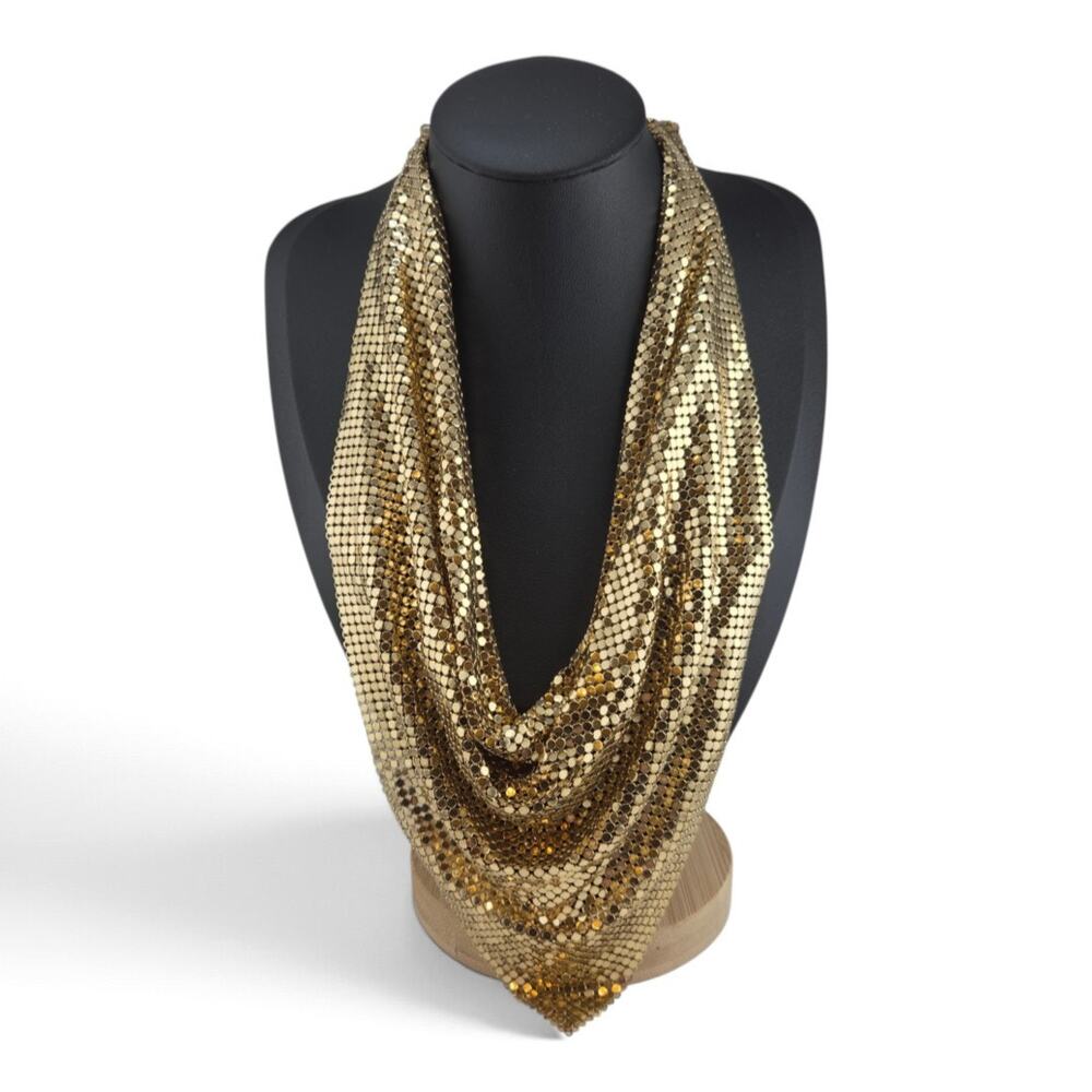Vintage Whiting & Davis Gold Mesh Bib Necklace Draped Statement Runway 1980s